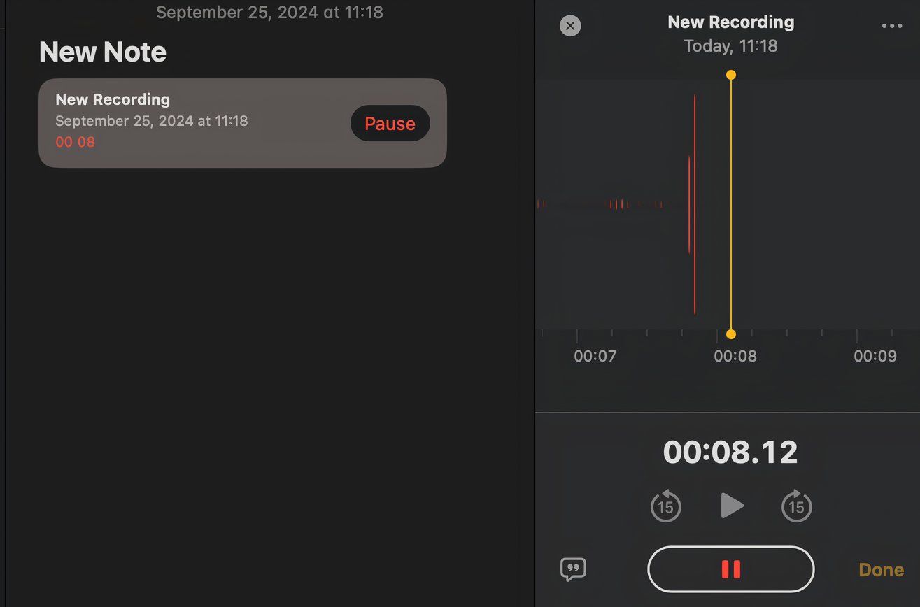 Notes recording feature in macOS Sequoia