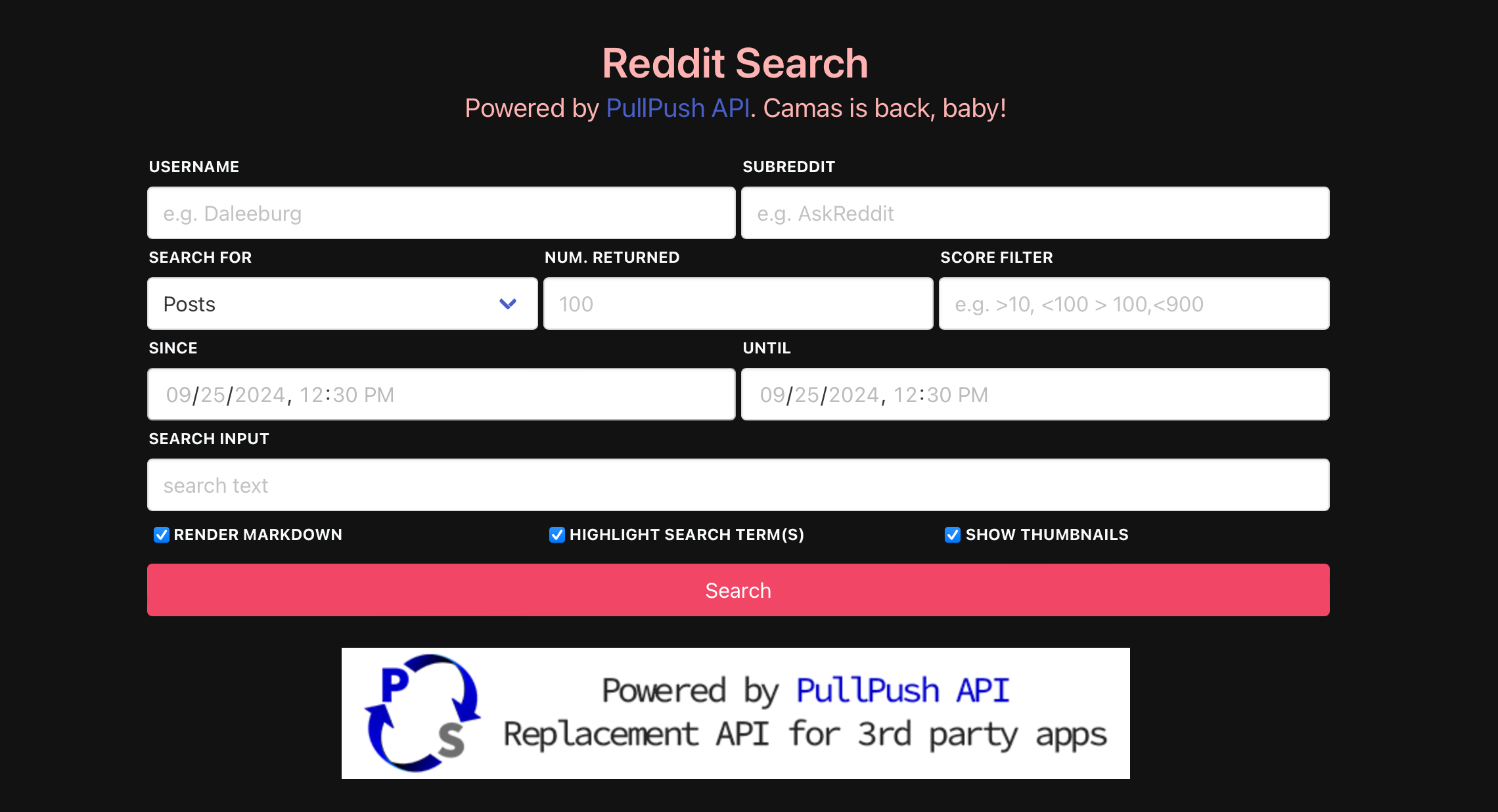 Search boxes for PushPull including username, subreddit, and timeframe