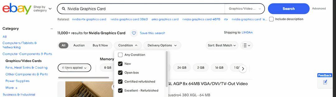 کادر جستجوی Ebay با Open Box و Refurbished انتخاب شده است