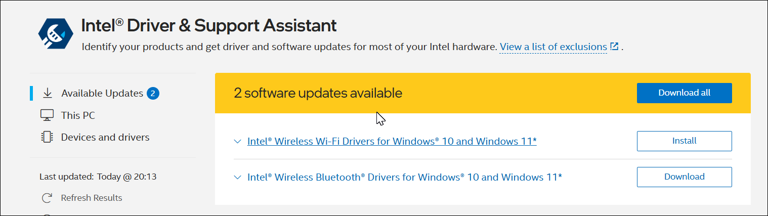 Screenshot of Intel's web page downloading new drivers