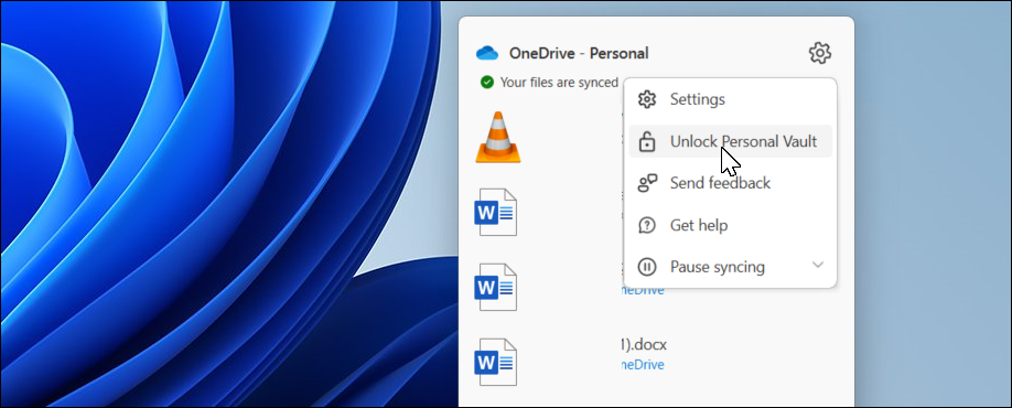 اسکرین شات تنظیمات OneDrive با برجسته شدن گزینه Unlock Personal Vault