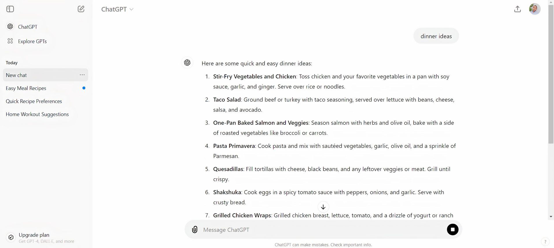 screenshot showing chatgpt dinner ideas response