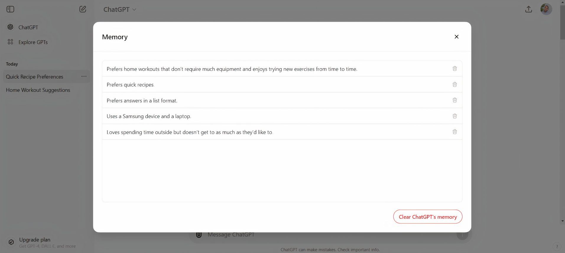 screenshot showing chatgpt memories