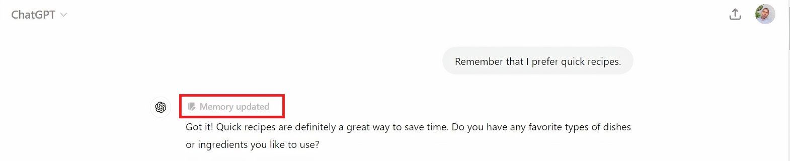 screenshot showing chatgpt saving memory
