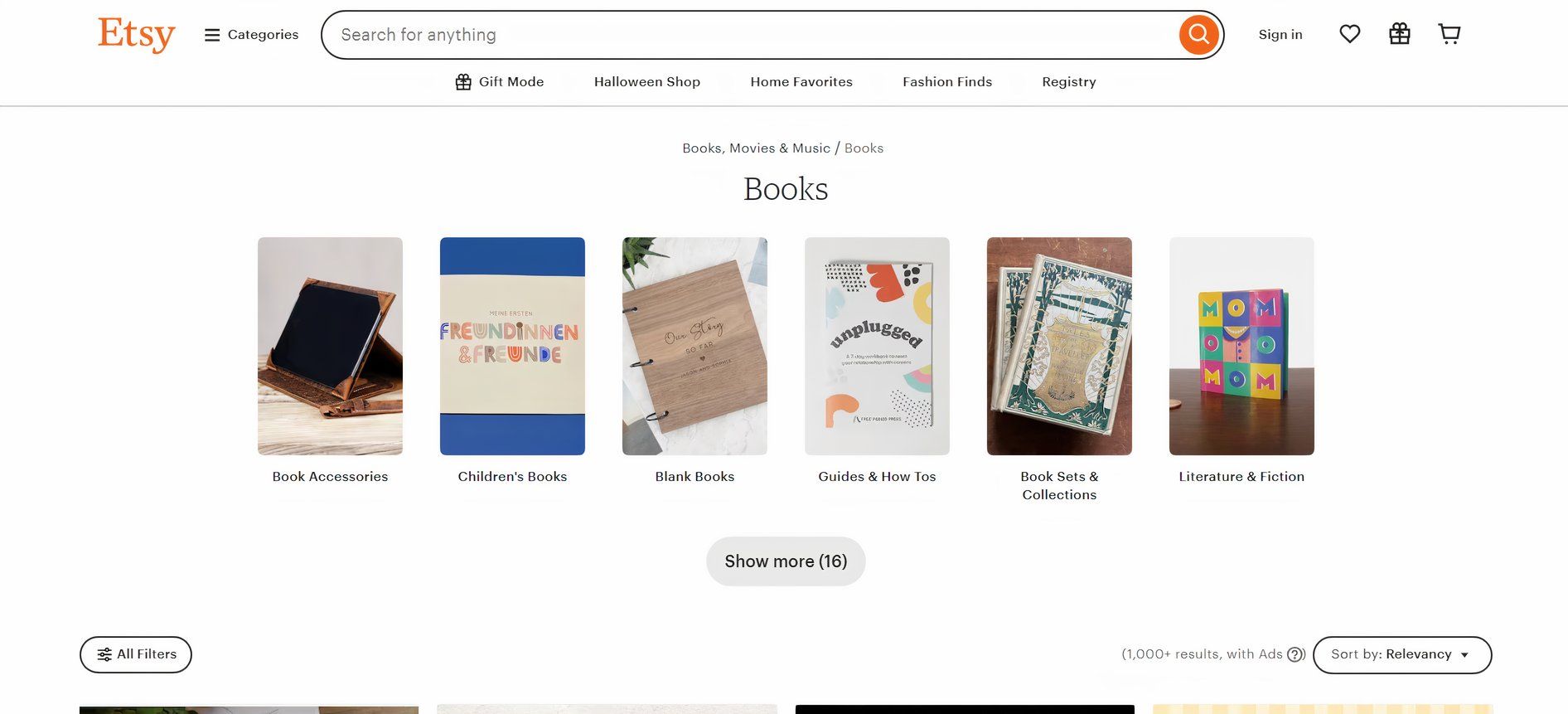 screenshot showing etsy's book page