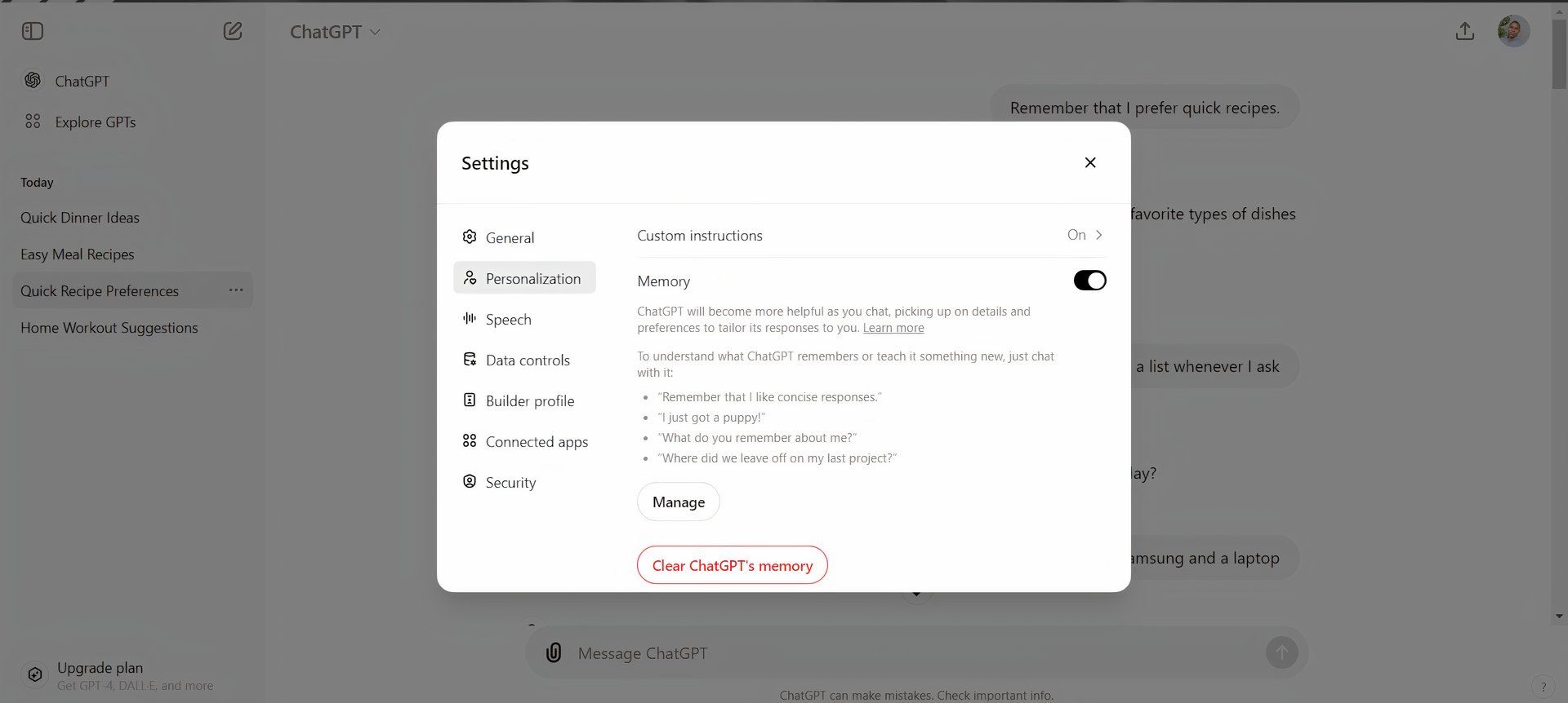 screenshot showing memory management page on chatgpt