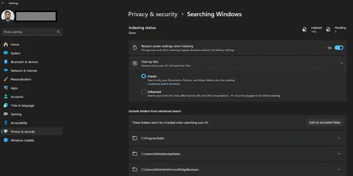 Searching Windows page with indexing options in Windows 11 settings app