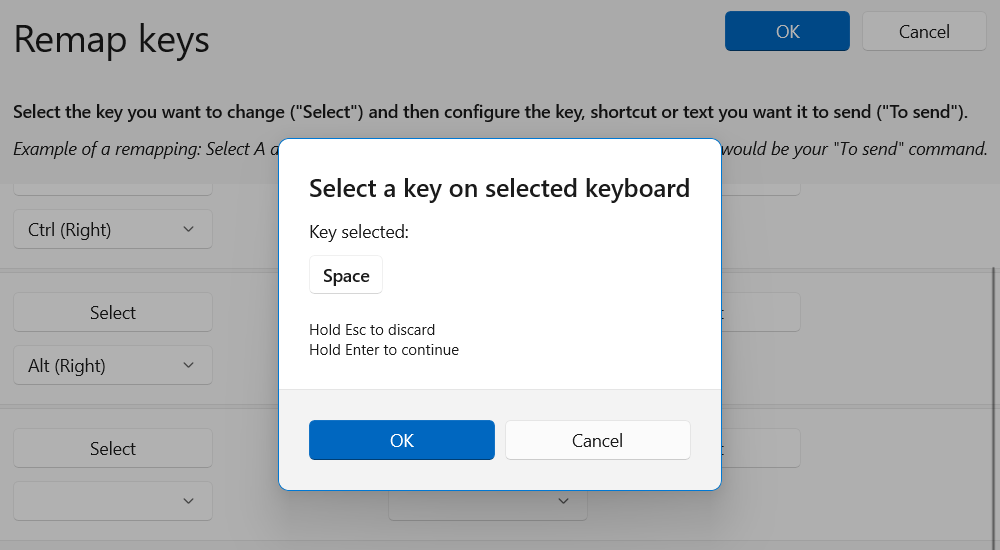 Selecting a key to remap on Windows using PowerToys.