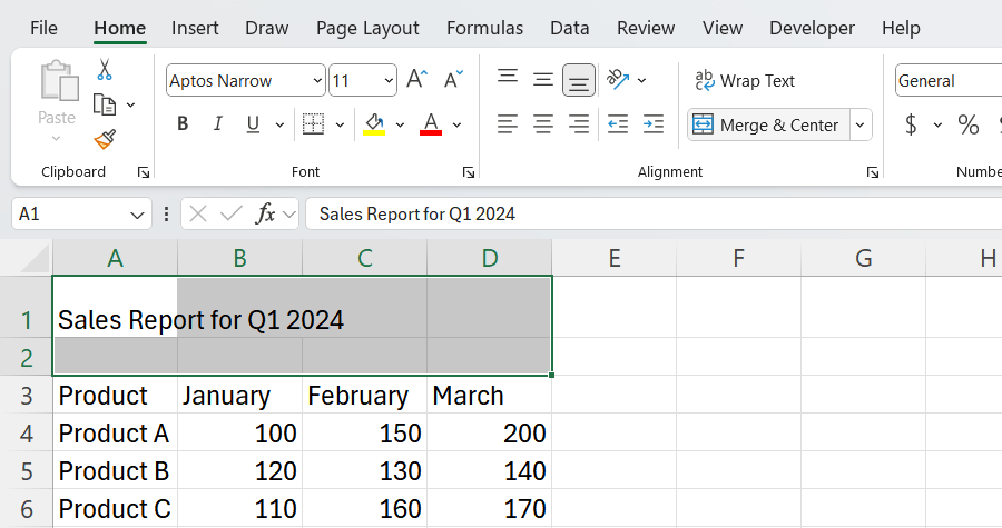 Selecting cells to merge in Excel.