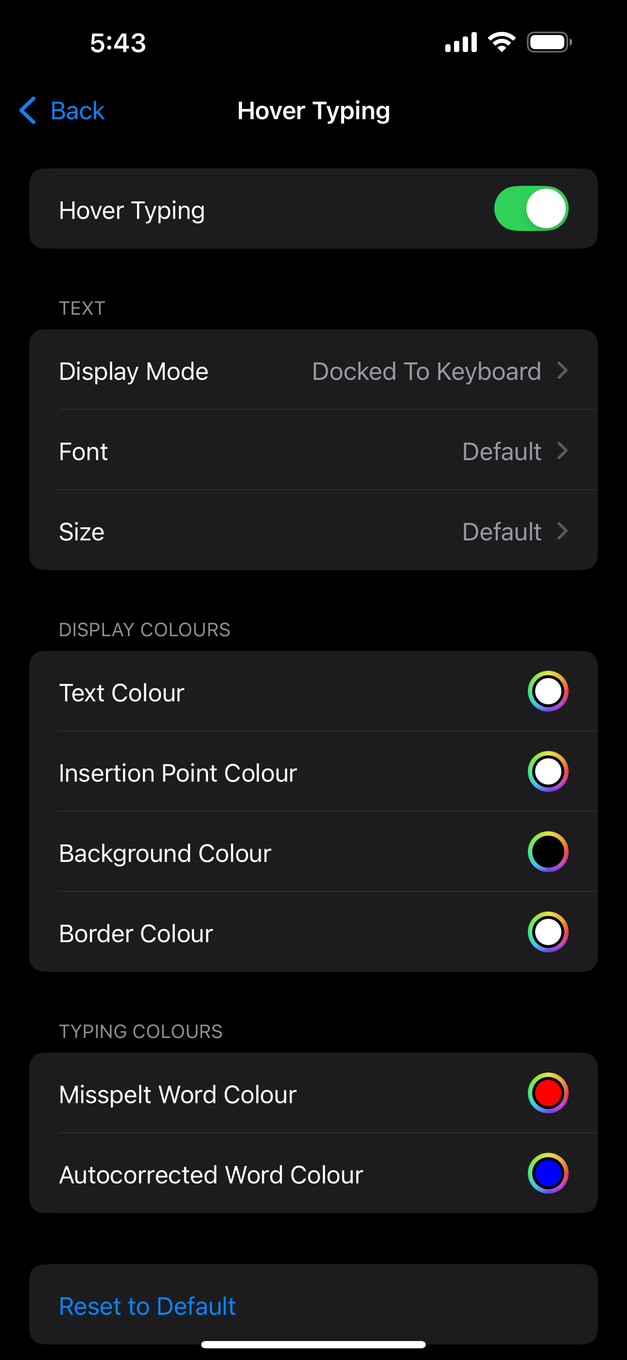 Settings app on iOS showing the Hover Text option