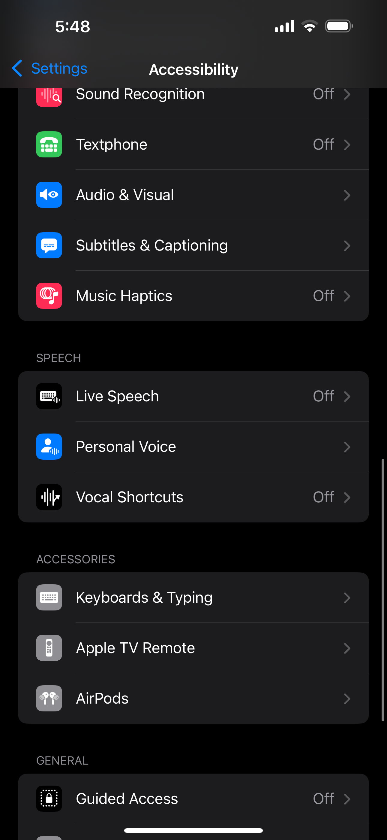 Settings app showing the Accessibility page