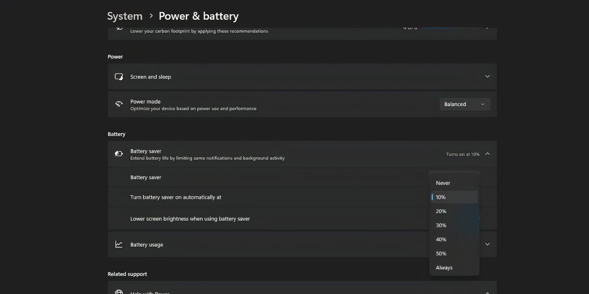 Settings page showing battery saver option in Windows 11