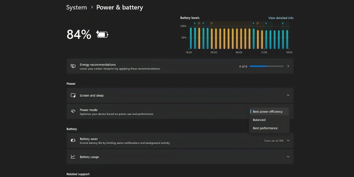 Settings page showing Power mode option in Windows 11