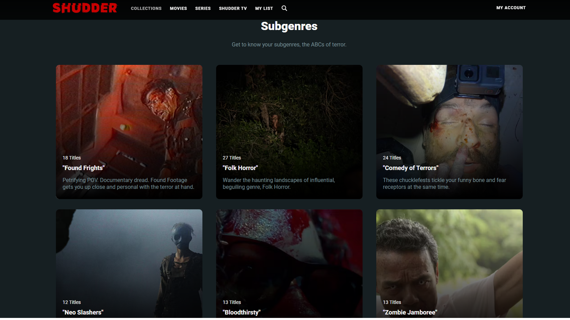 Shudder's subgenres with multiple options available. 