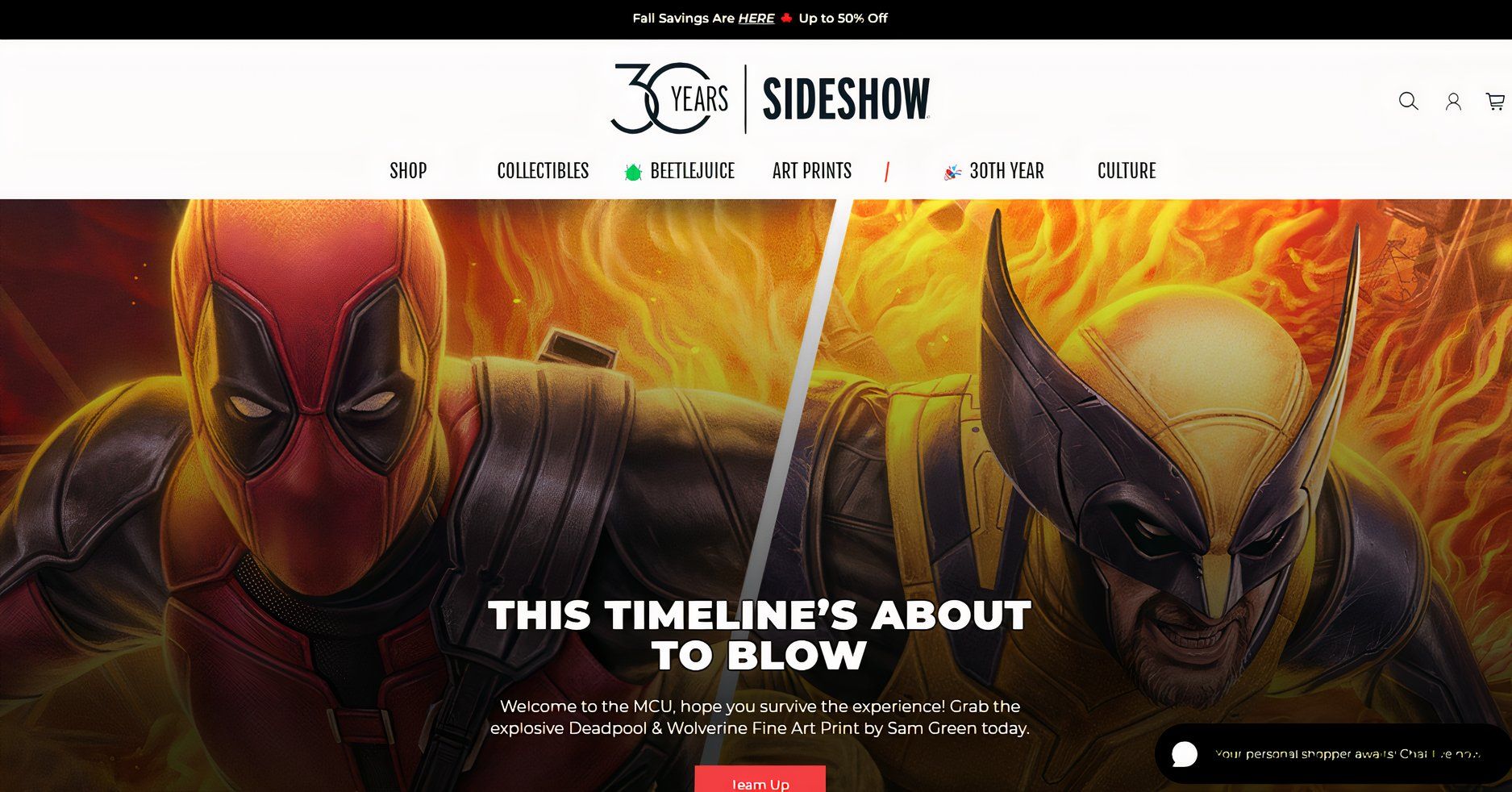 The Sideshow homepage with navigation.