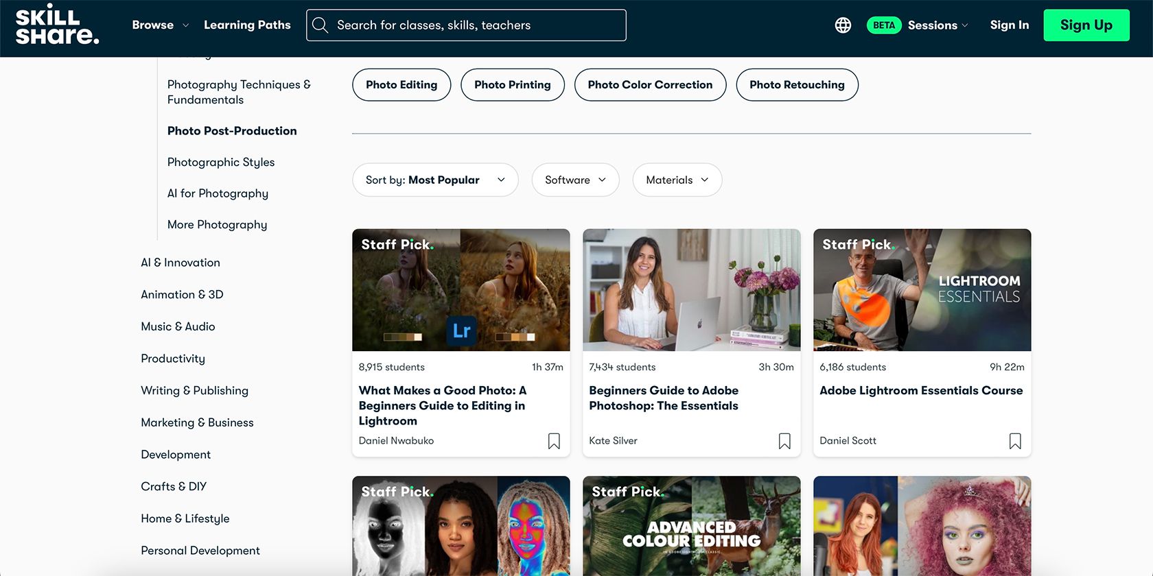 Skillshare Page of Photo Editing Classes