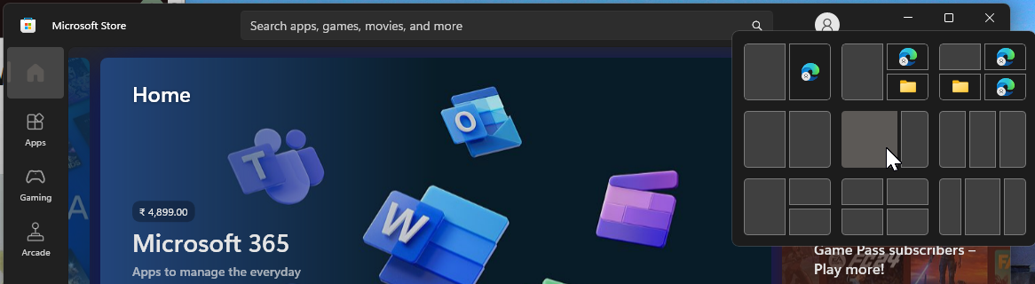 گزینه های Snap Layout برای فروشگاه مایکروسافت در ویندوز 11