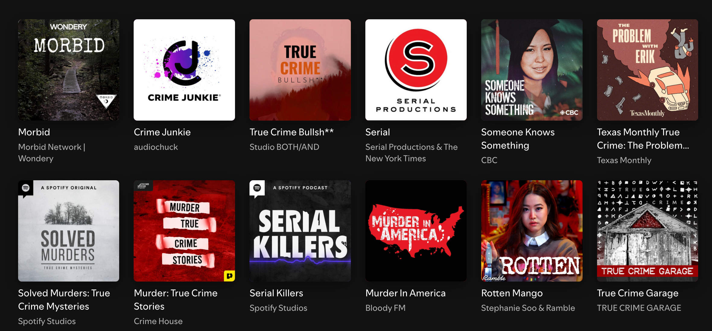 Spotify displays 12 true crime show titles