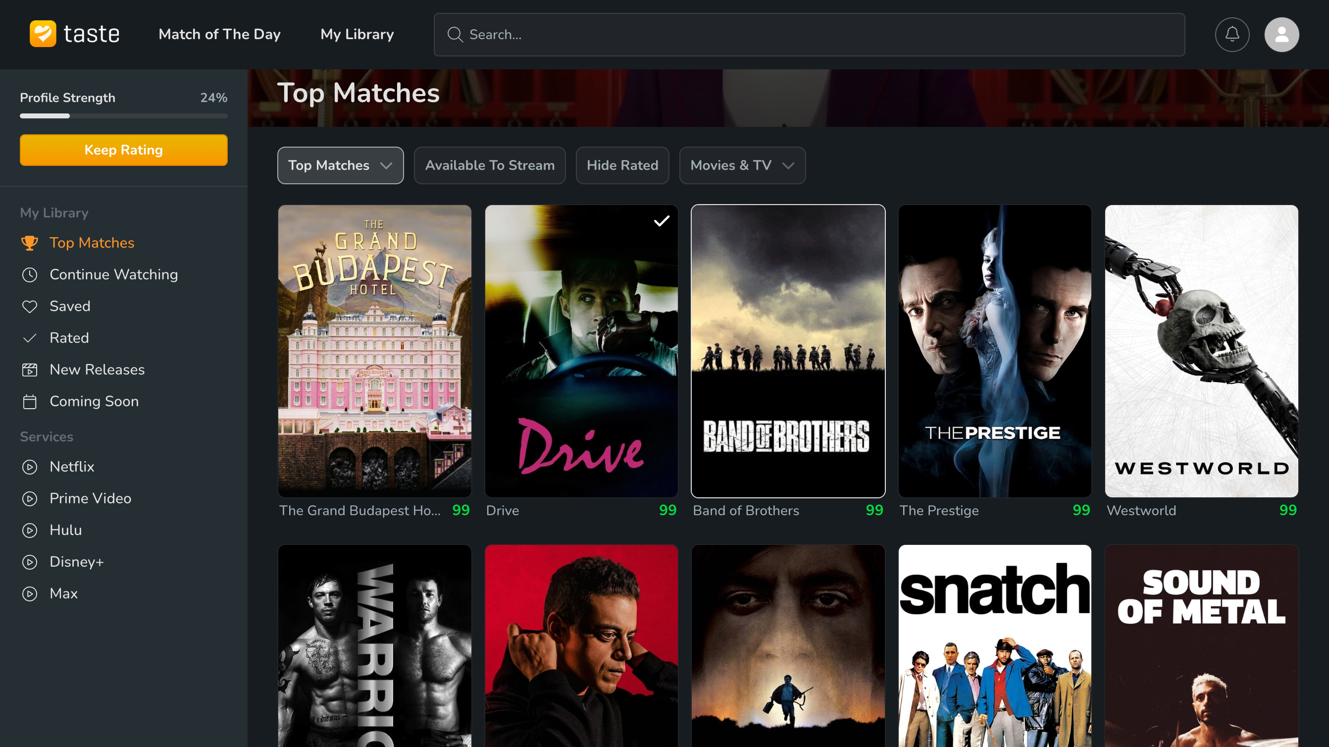 Taste.io movie and TV show finder website