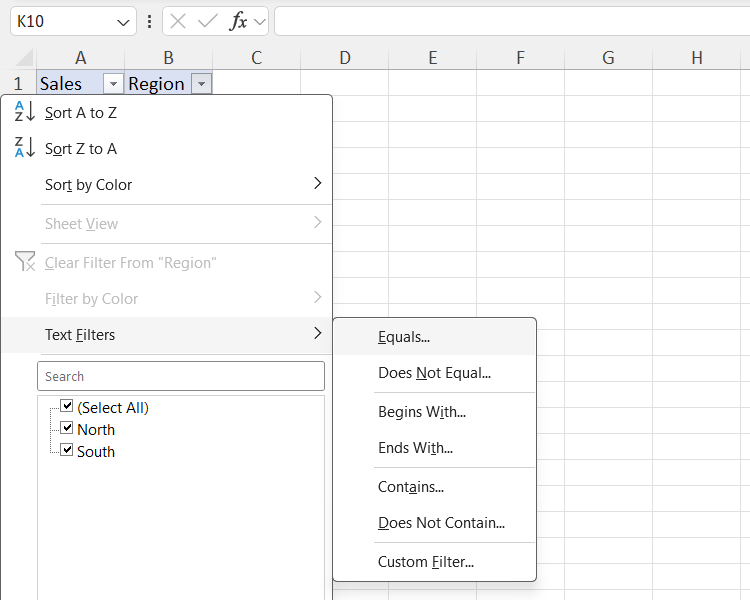 Creating a text filter in Excel.