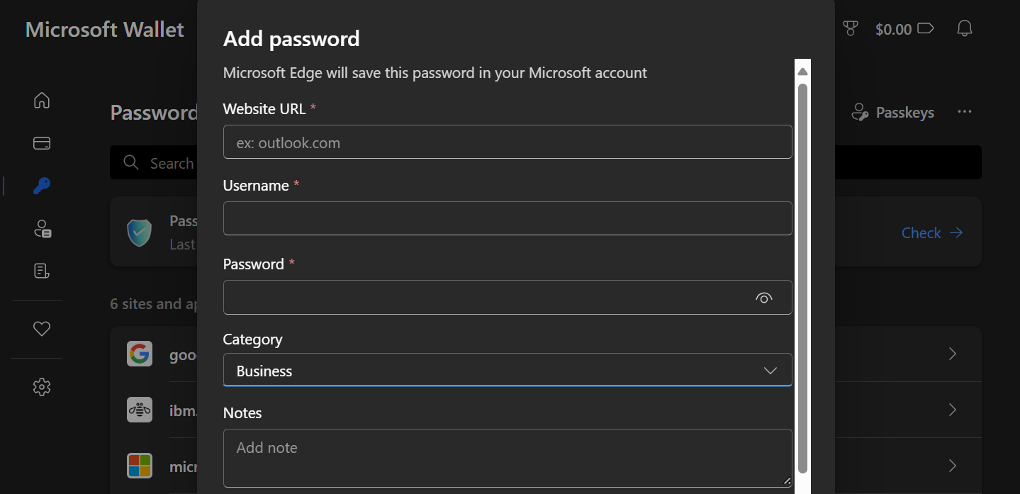 The Add Password bar in Microsoft Wallet on a PC