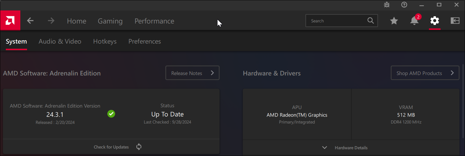 The Check for Updates screen on AMD Software in Windows 11