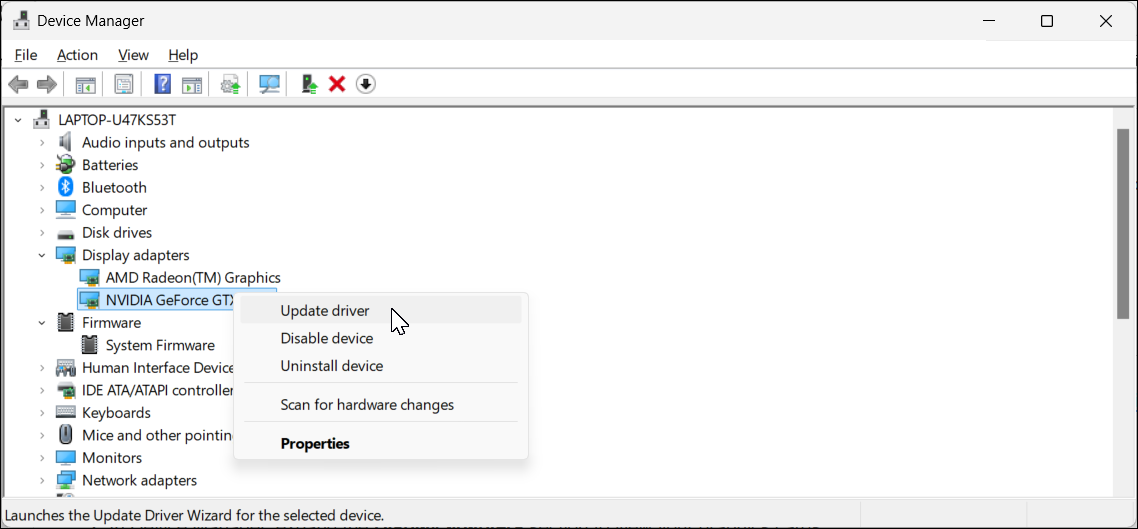 The Device Manager app in Windows 11 with the Display Adapter Update Driver option