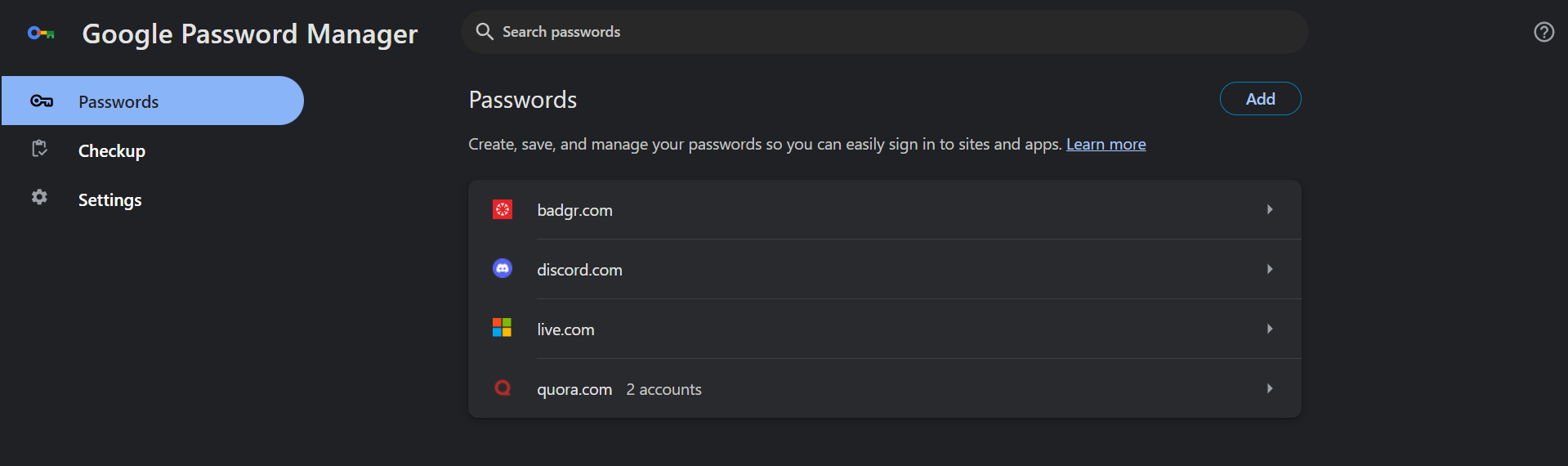 The Google Password Manager Page on a PC