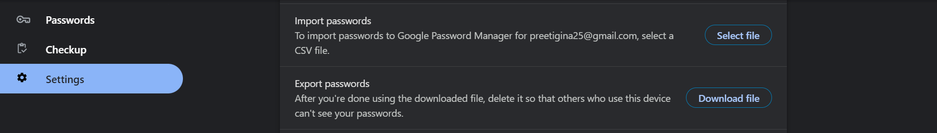 The import and export password features in the settings section of Google Password Manager on a PC