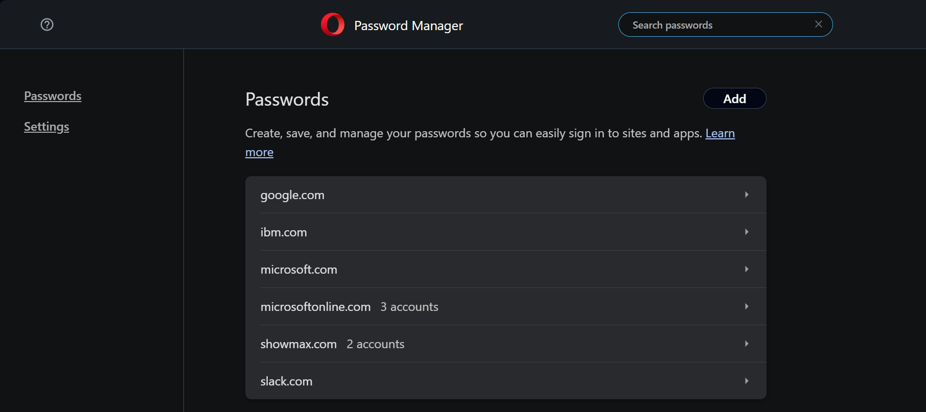 The Opera Browser Password Manager Page on a PC