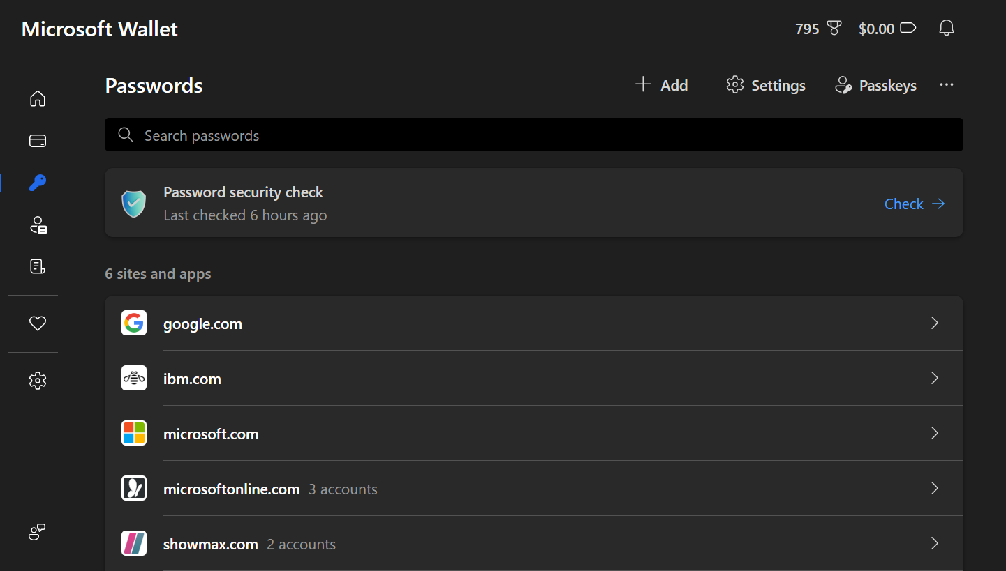 The Passwords section in Microsoft Wallet on a PC