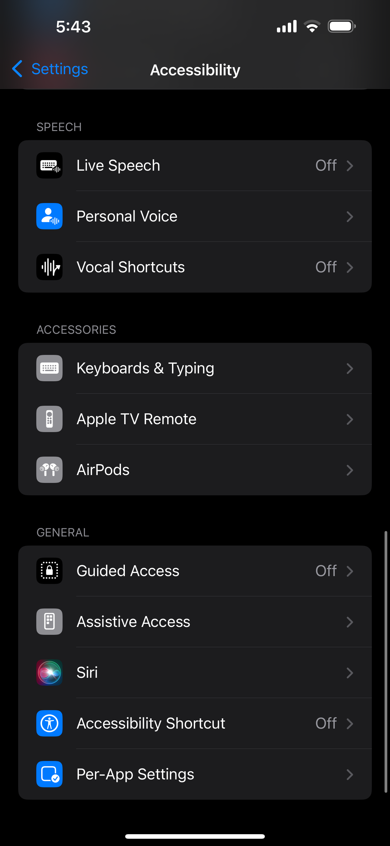 The Settings app in iOS showing the Accessibility page