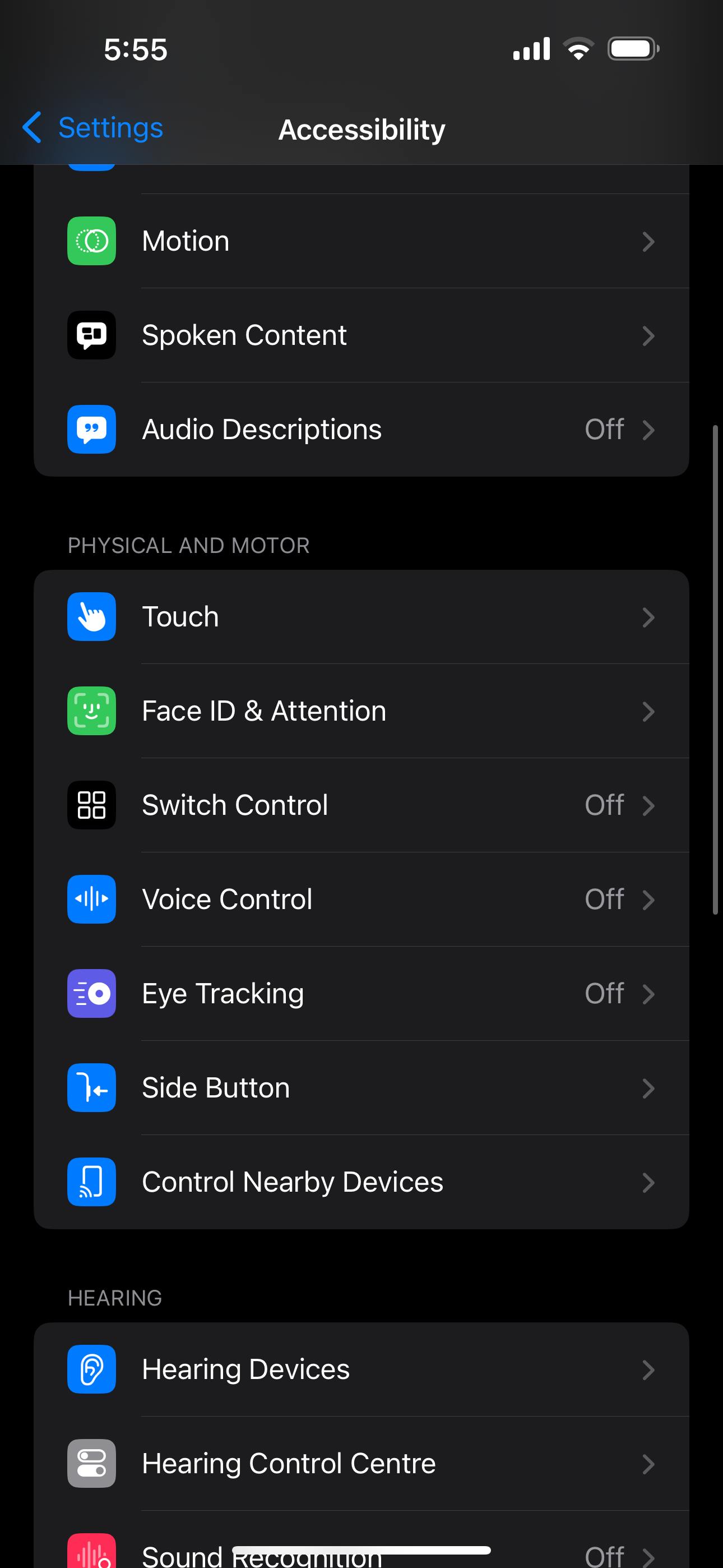 The Settings app in iOS showing the Accessibility Section-1