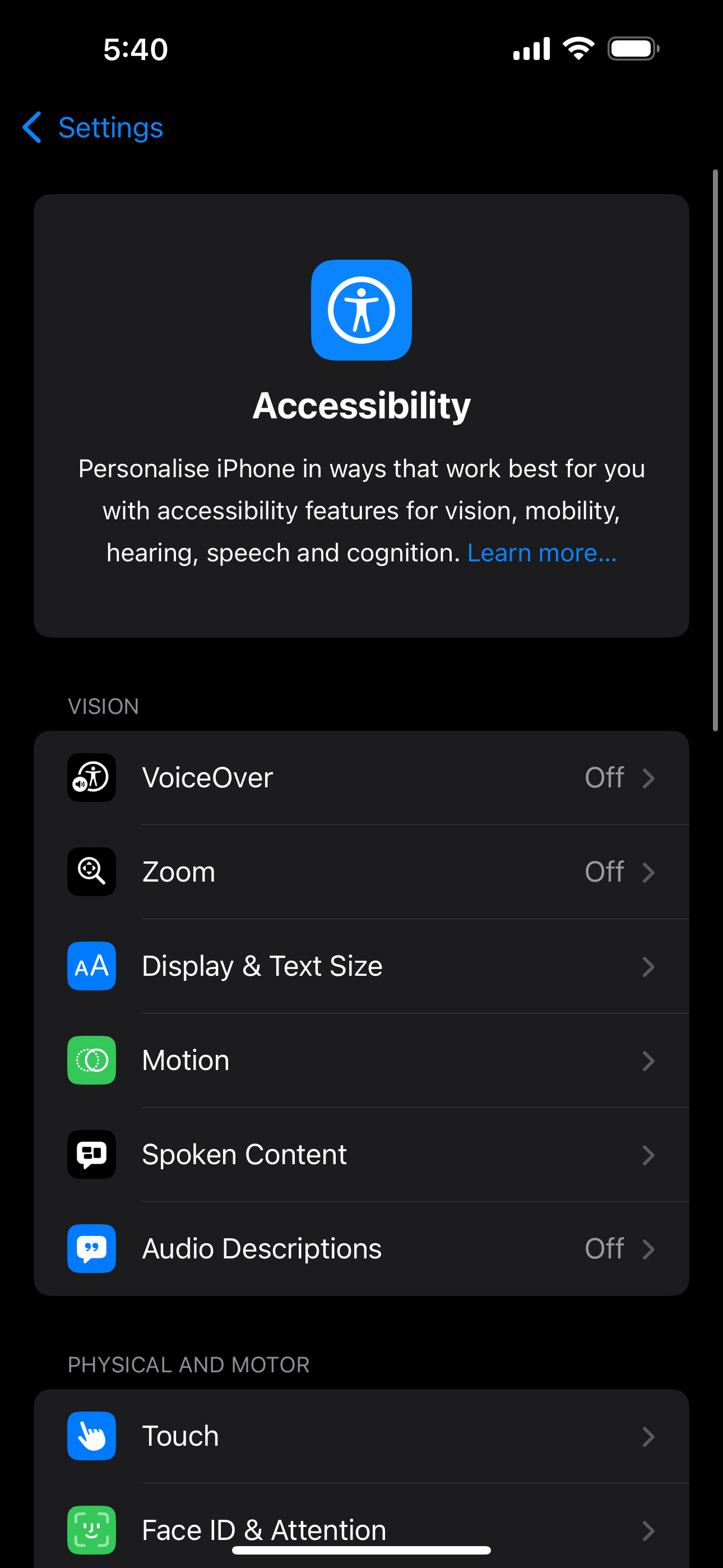 The Settings app in iOS showing the Accessibility section