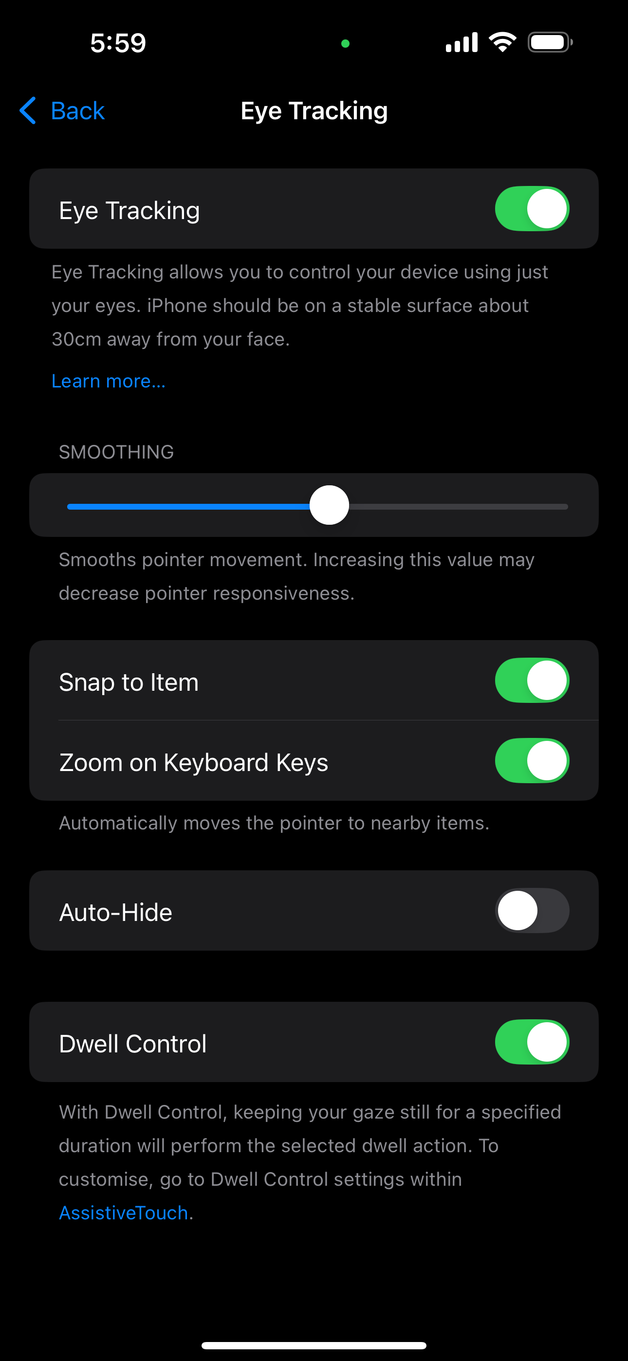 The Settings app in iOS showing the Eye Tracking page