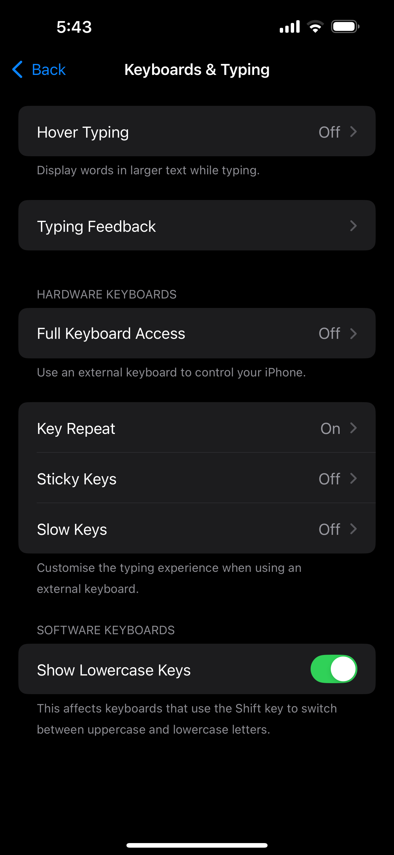 The Settings app in iOS showing the Keyboard & Typing page