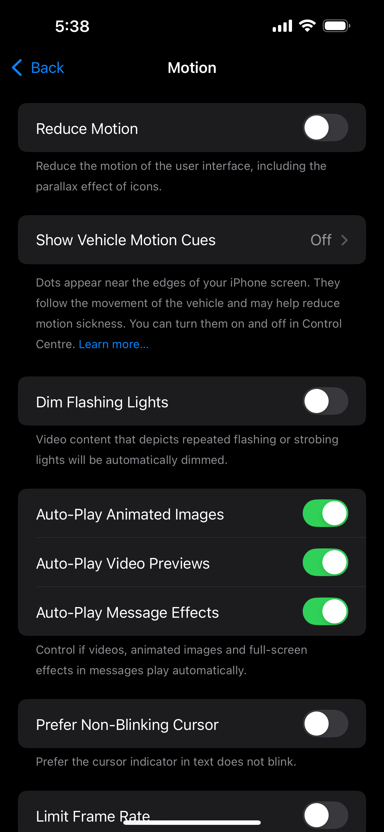 The Settings app in iOS showing the Motion section