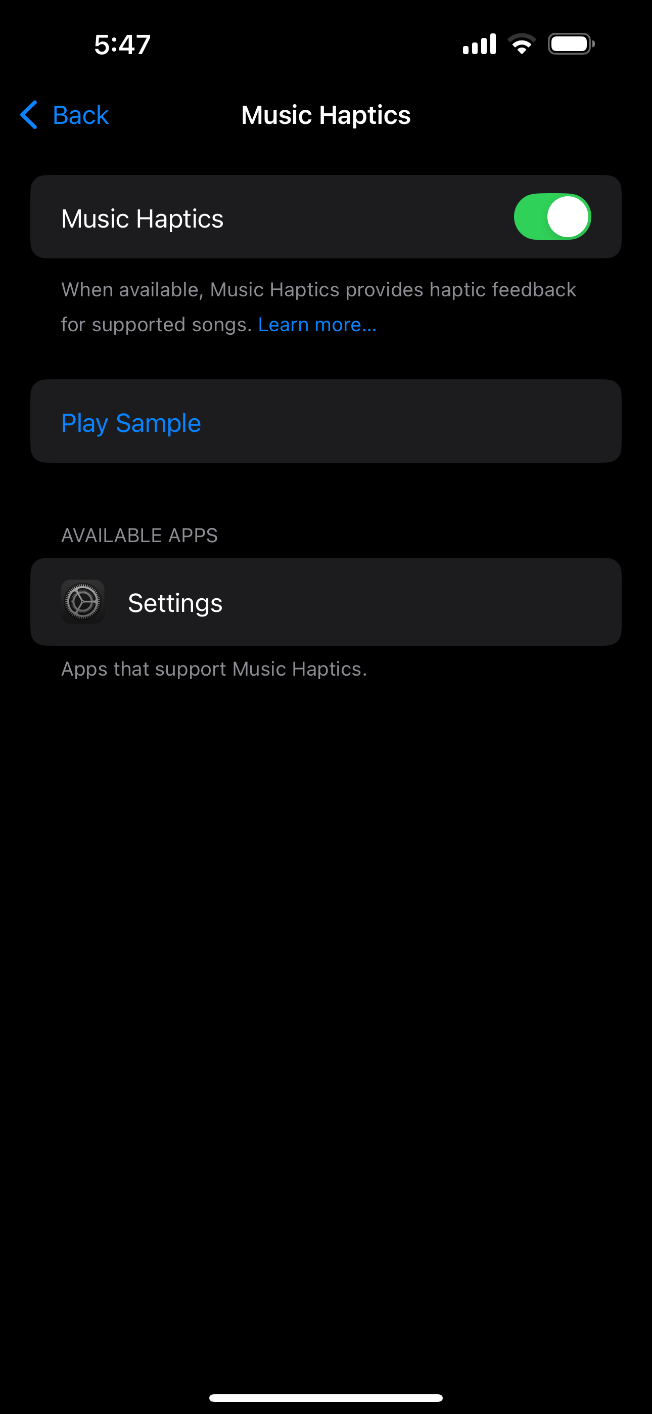 The Settings app in iOS showing the Music Haptics page