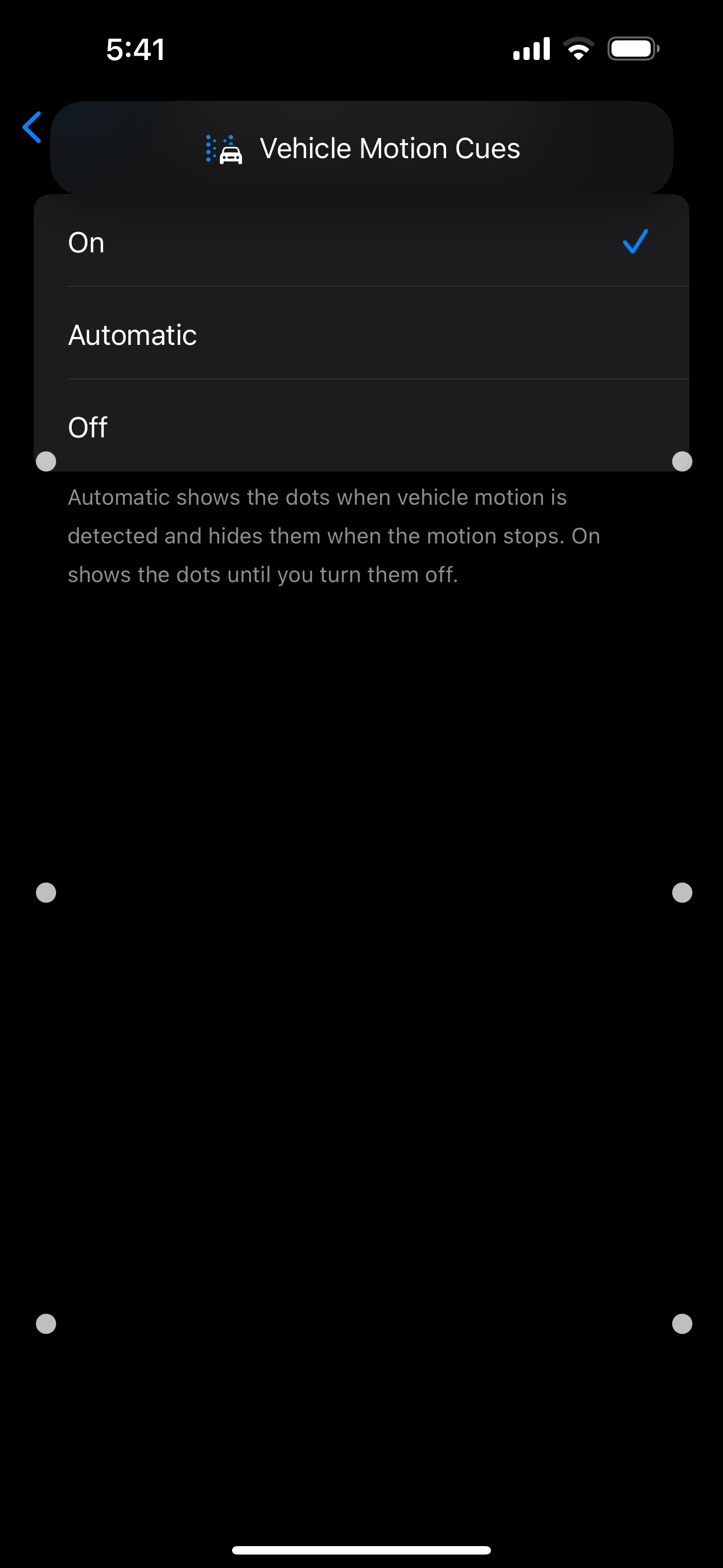 The Settings app in iOS showing the Vehicle Motion Cues section