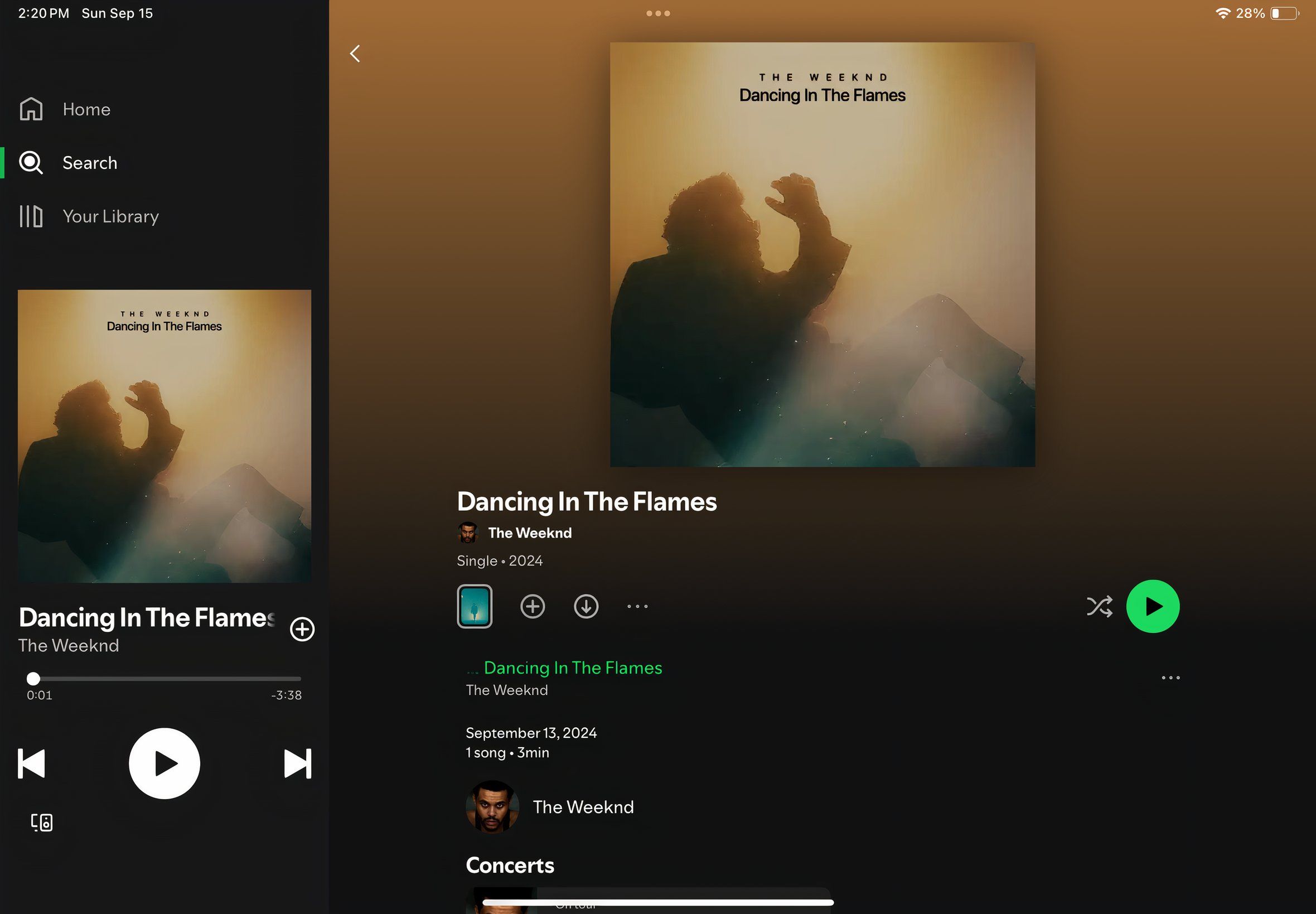 The Weeknd playing on the Spotify interface.