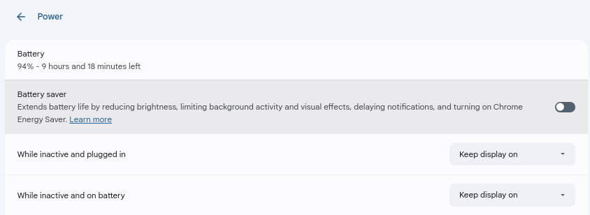 خاموش کردن حالت ذخیره باتری در تنظیمات Chromebook.