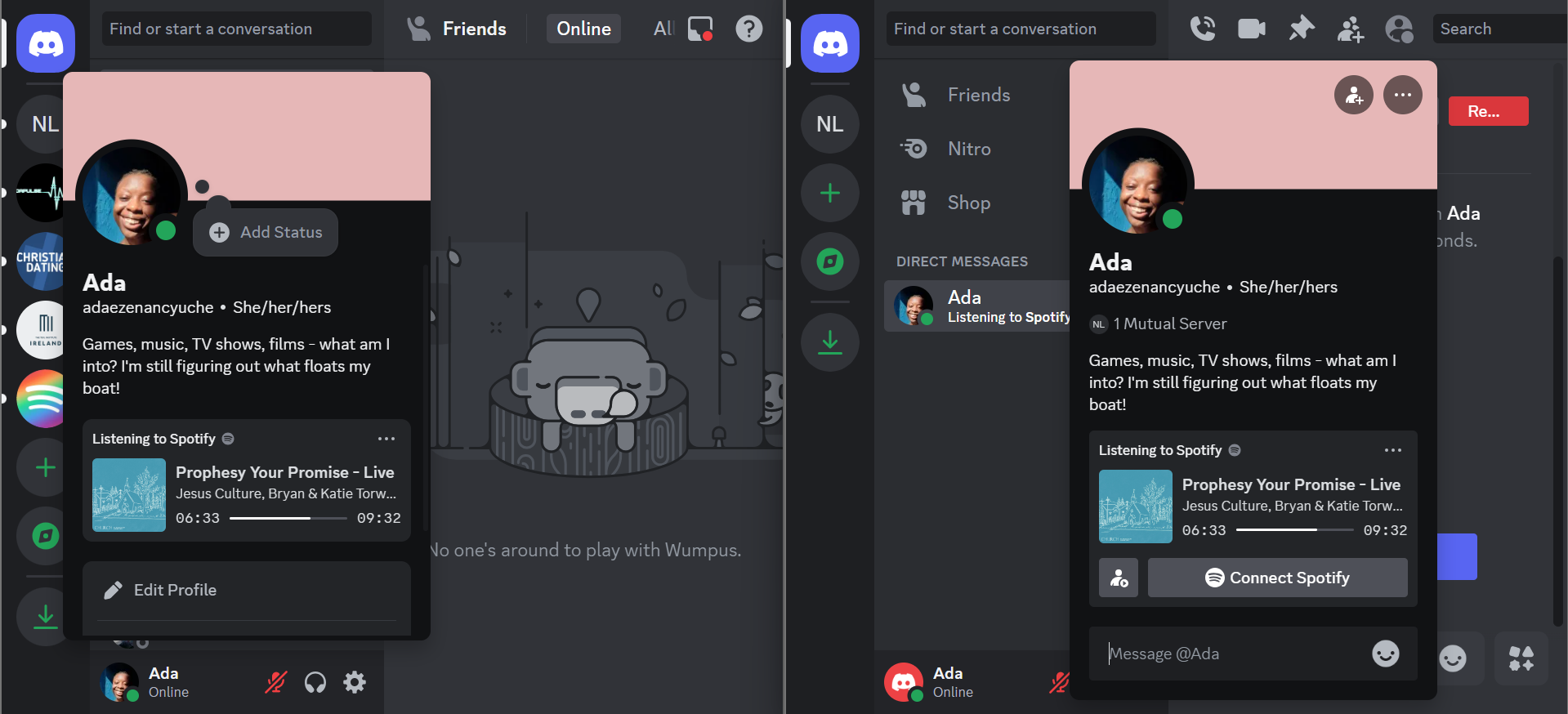 Two discord accounts placed side by side - one is displaying the my user profile showing my current Spotify jam while the other shows the option to Listen with me