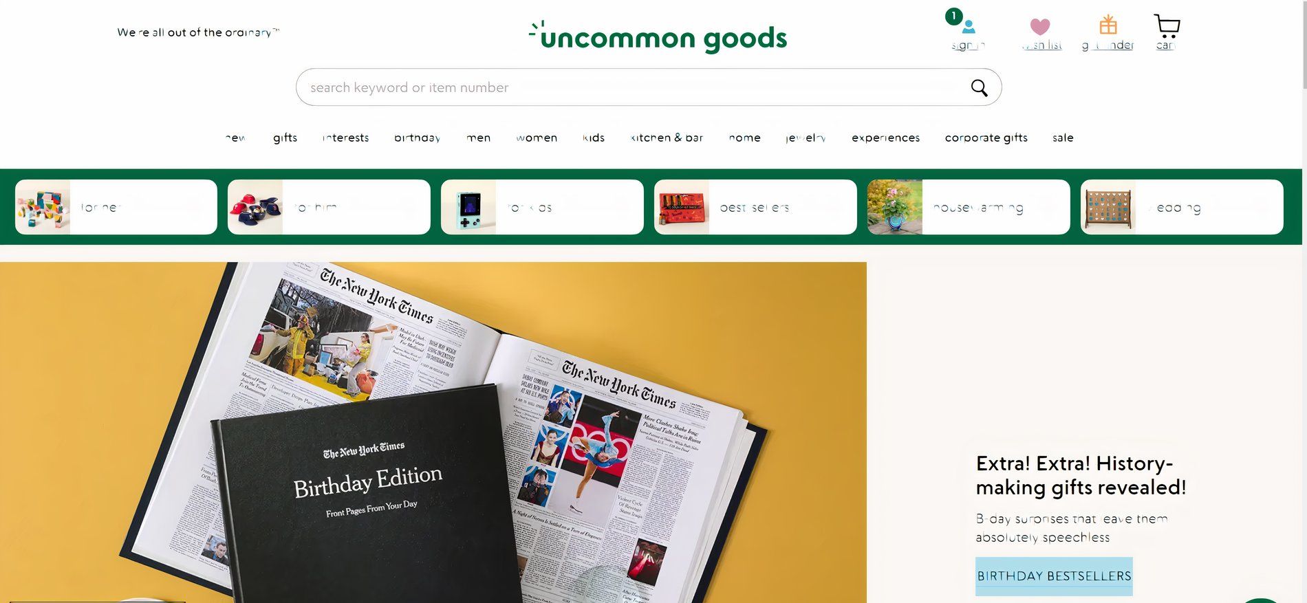 The homepage of uncommon goods showing navigation and gift ideas.