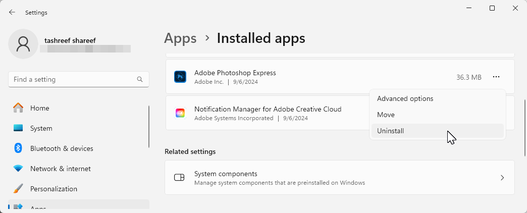 Windows 11 Settings with the Adobe Photoshop Express Uninstall option