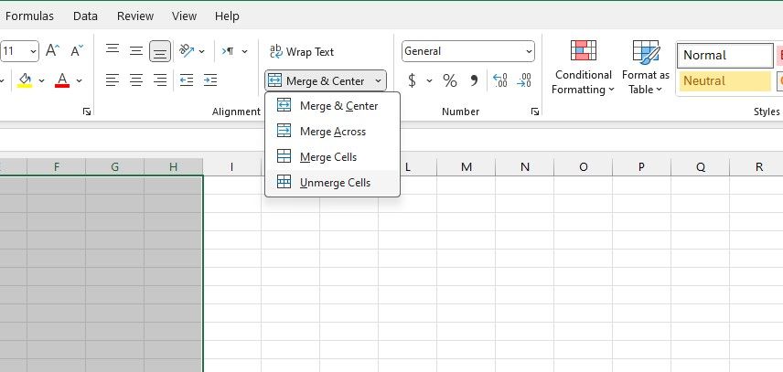 Unmerging cells in Microsoft Excel