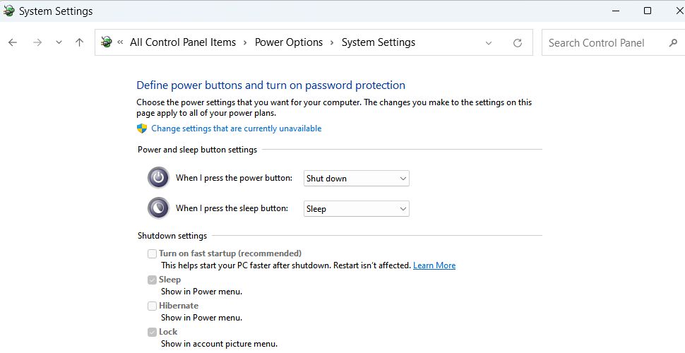 windows 11 power options disable fast startup