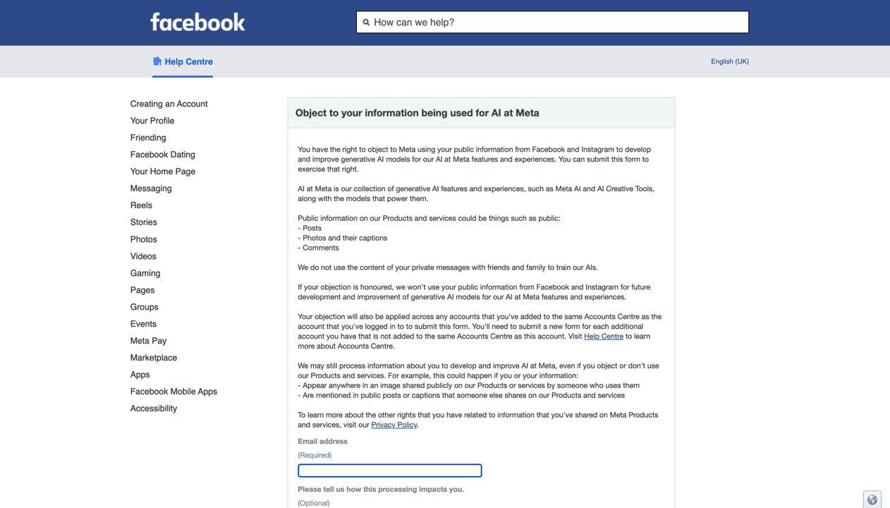 meta objection form for data being used to train AI