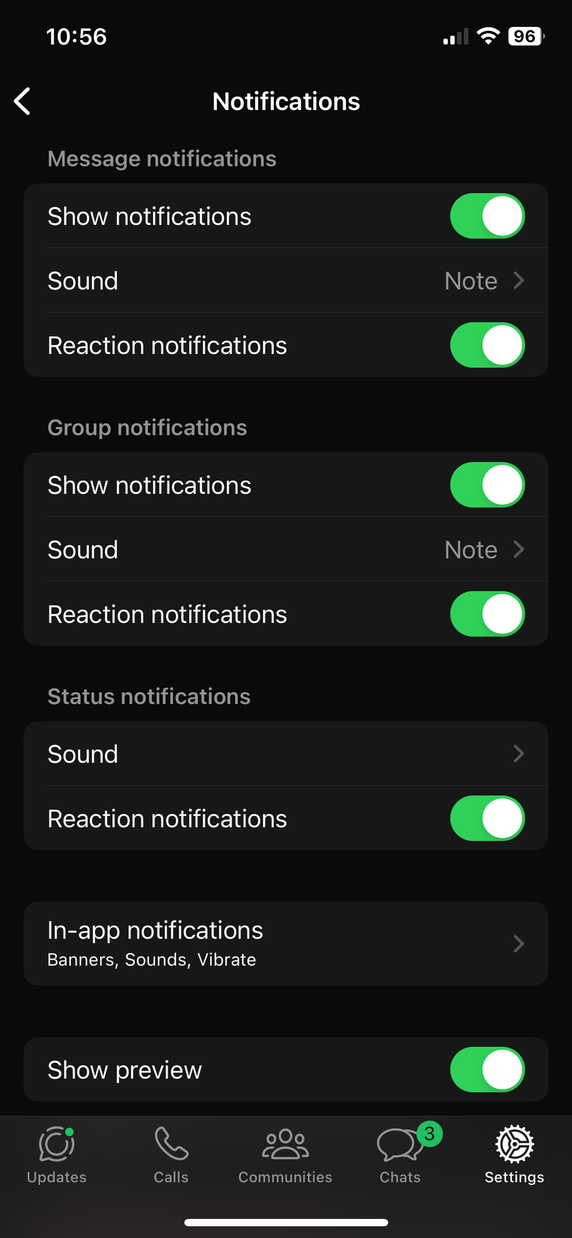 صفحه تنظیمات "Notifications" در برنامه WhatsApp برای iPhone.