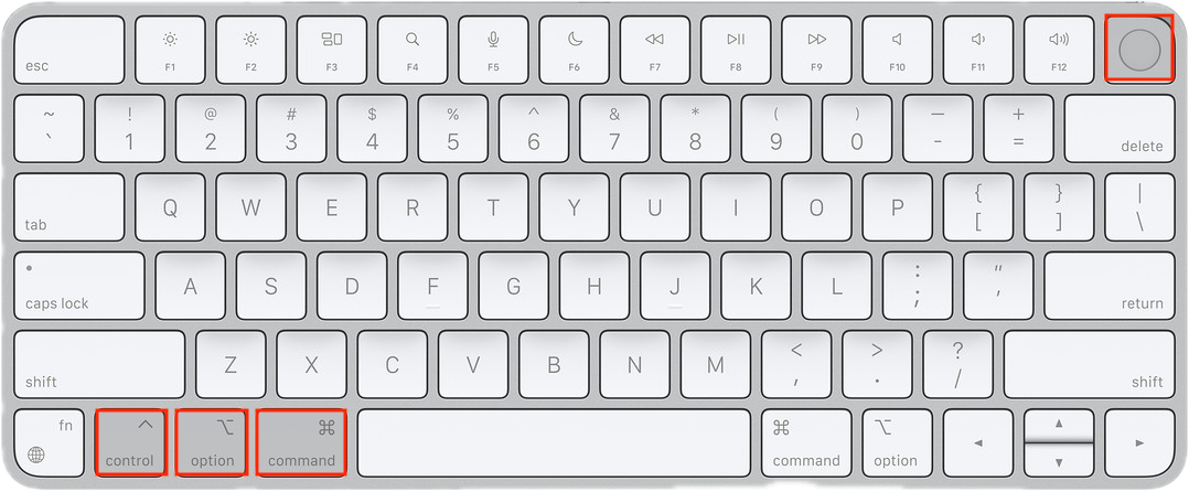 White Apple Magic Keyboard with highlighted Control Option Command Power buttons