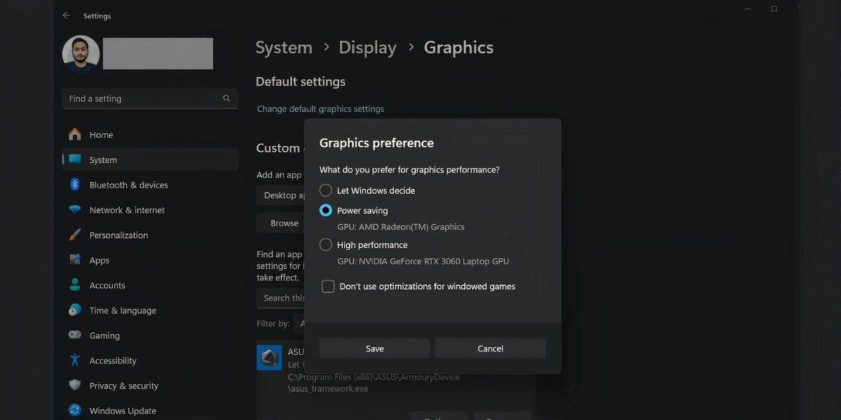 Windows 11 settings page showing the graphics options